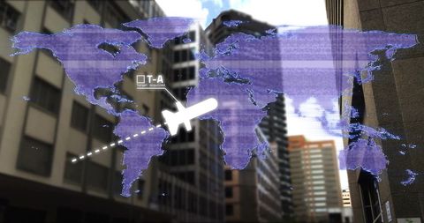 Digital world map projection over urban skyscrapers