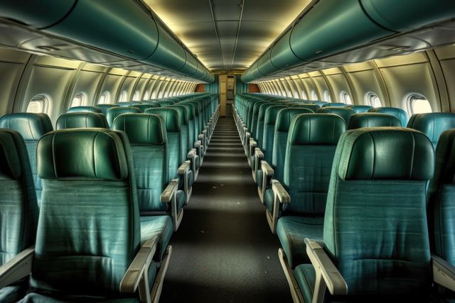 Showing a pristine, modern airplane interior with rows of empty green seats and closed overhead bins. This visual highlights commercial aircraft interiors, emphasizing the clean and organized cabin atmosphere. Useful for travel agency promotions, airline advertisements, articles about aviation industry standards, and blogs about comfortable airborne travels.