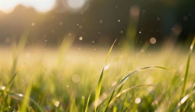 Sunlit blade of grass shimmering with dew in golden meadow during sunrise