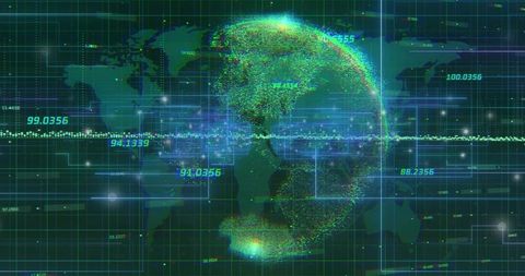 Futuristic Rotating Data Globe in Digital Grid Interface