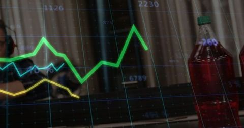 Music Studio Blur with Graph Overlay and Beverage Bottle