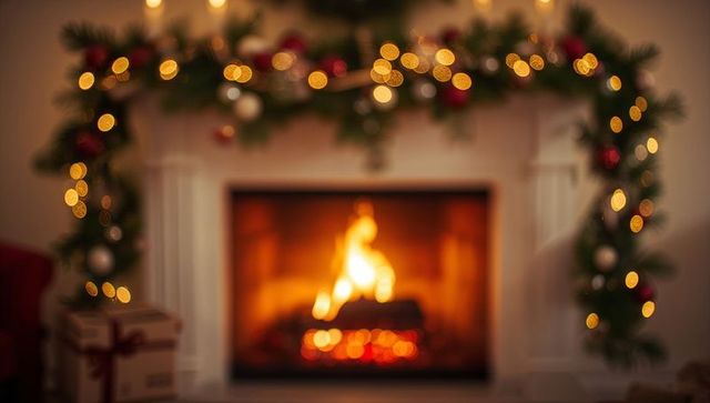 Flickering Fireplace with Garland and Twinkling Lights Creating Cozy Holiday Glow