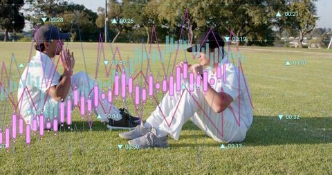 Cricket players performing sit-ups on grass field with sports data overlay and analytics