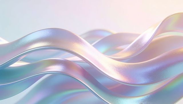 Iridescent pearlescent wavy ribbons with glossy metallic sheen and pastel gradient