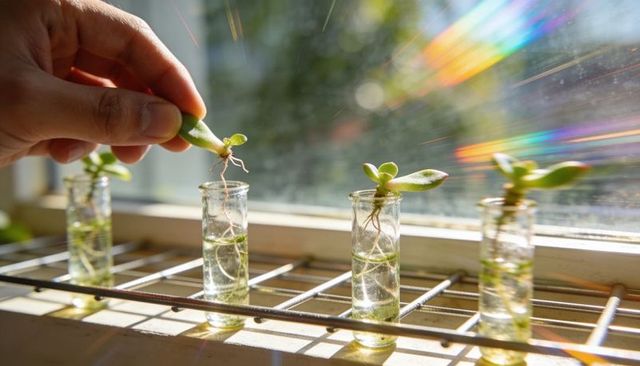 Sunlit Succulent Cuttings Rooting in Glass Vials on Window Rack with Rainbow Bokeh