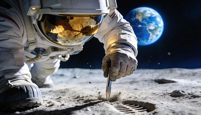 Astronaut collecting lunar sample near boot print with earth rising over moon horizon