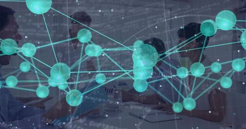 Business Team Collaborating with Digital Network Overlay in Modern Workspace