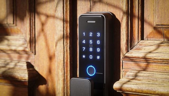 Glowing smart door lock mounted on carved wooden door with numeric keypad and led ring