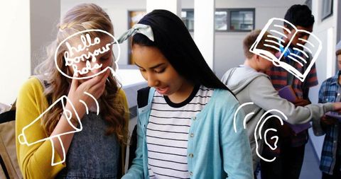 Teen girls whispering and checking phone with playful white doodles in school hallway