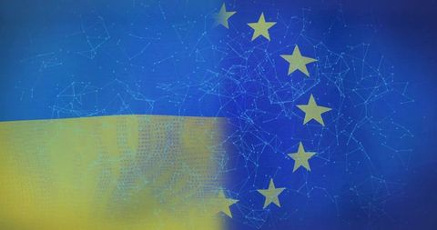 Digital Integration of Ukrainian and EU Flags Symbolizing Unity