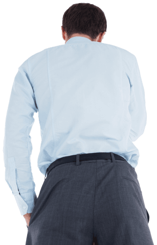 Transparent Back View of Businessman in Blue Shirt Deep in Thought