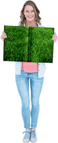 smiling woman holding transparent book with grass panorama - Download Free Stock Videos Pikwizard.com