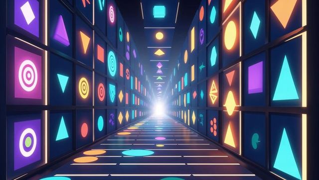 This immersive and vibrant scene features a futuristic corridor illuminated by neon geometric panels. Designed to evoke high-tech and digital aesthetics, the glowing pathway leads towards a compelling bright light in the distance. Perfect for uses in digital art projects, virtual reality demonstrations, advertisements for tech innovations, or conceptual designs depicting a sci-fi environment with a modern twist.
