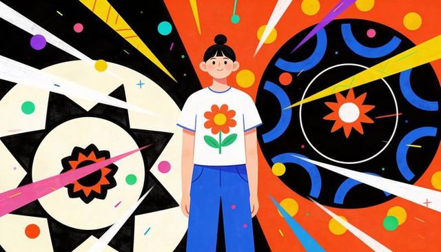 Woman standing in vibrant cosmic kaleidoscope wearing flower t-shirt and blue pants