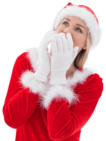 Festive Woman in Santa Outfit Laughing on Transparent Background
