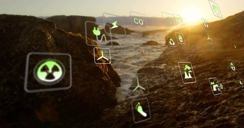 Floating green energy icons in digital coastal landscape