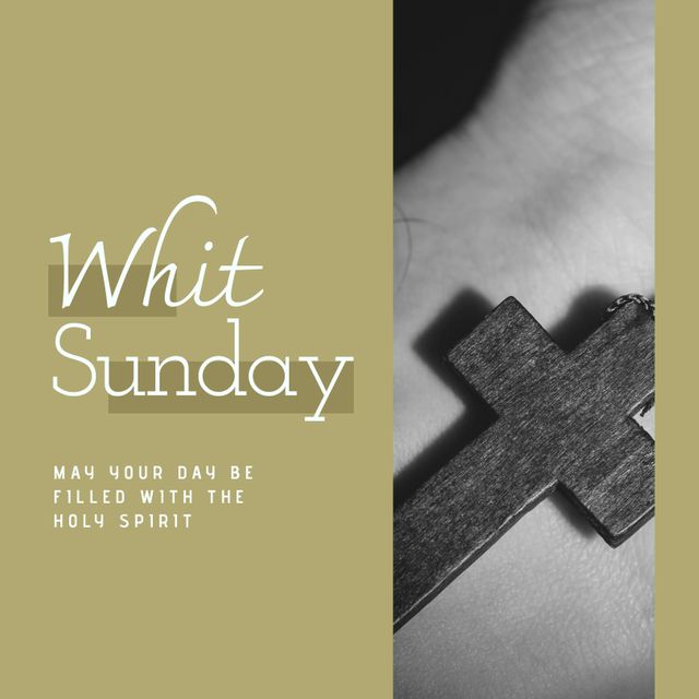 Vintage-style composition showing a hand holding a rosary cross, conveying themes of Whit Sunday and religious devotion. Perfect for use in religious presentations, Whit Sunday celebrations, or spiritual educational materials.