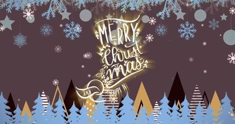 Golden Merry Christmas Text with Winter Woods and Pine Trees