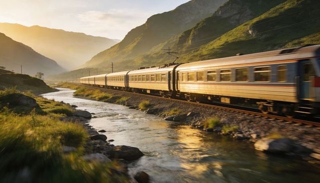 Sunlit alpine electric passenger train racing through mountain valley along river