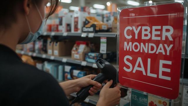Masked retail worker scanning shelf with barcode scanner next to cyber monday sale sign