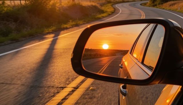 Side mirror reflecting golden sunset over winding rural two-lane highway at dusk