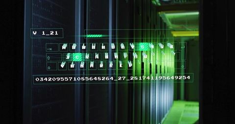 Projecting holographic keyboard overlay on data center server racks with green digital glow