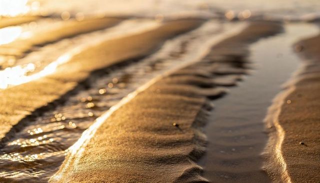 Golden tidal sand ripples reflecting sunset light, shallow water channels, beach abstract