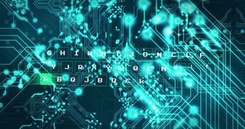 Abstract digital circuit board with flickering binary text