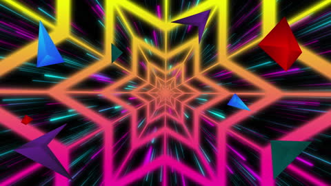 Vibrant Geometric Shapes and Neon Lights in Dynamic Space