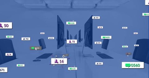 Futuristic office with social media widgets overlay concept