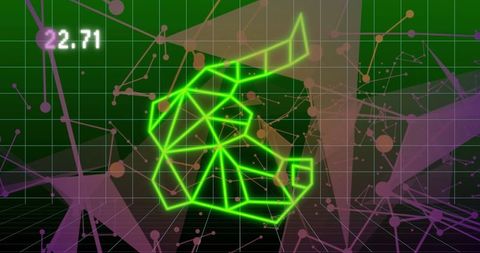 Neon Green Low-Poly Wireframe Bull Head Over Futuristic Grid Dashboard With Glowing Data