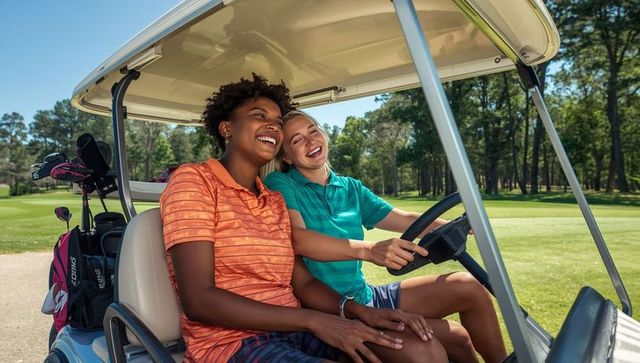 Laughing friends enjoying golf day in cart