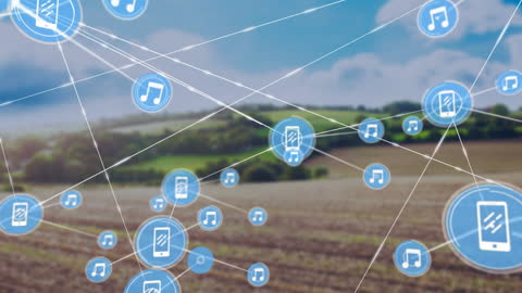 Innovative Network of Digital Icons Over Scenic Countryside