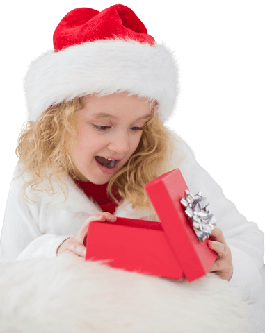 Happy Girl with Santa Hat Opening Christmas Gift Transparent Background