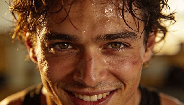Closeup Golden-Hour Portrait of Fit Sweating Man Smiling After Intense Gym Workout Post-Set