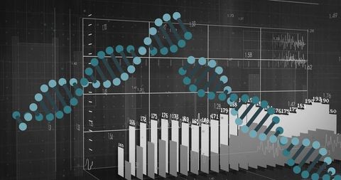 Futuristic dna helix overlaying 3d data analytics chart for genomics and bioinformatics
