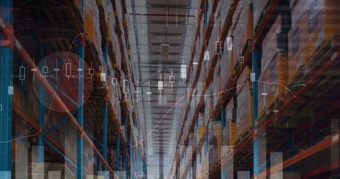 data overlaid on empty warehouse symbolizing shipping insights - Download Free Stock Images Pikwizard.com