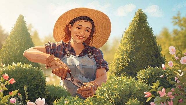 Smiling woman gardener trimming topiary hedge in straw hat and gloves using pruning shears