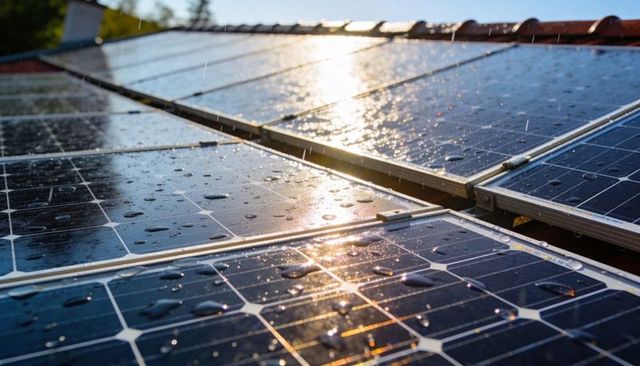 Glistening Rain-Wet Solar Panels Reflecting Sunlight on Sloped Rooftop with Mounting Rails