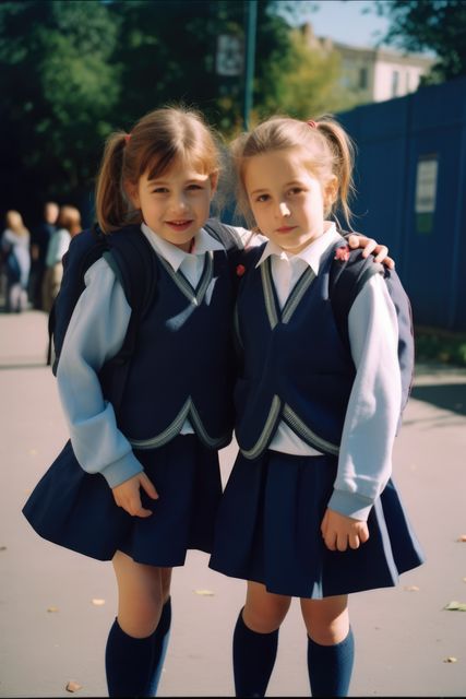 Two young schoolgirls in matching uniforms standing outside with their arms around each other. Both are wearing backpacks, symbolizing a school day. Ideal for promoting educational content, school-related campaigns, or advertisements focusing on youth, friendship, or children's products.