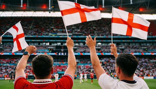 Football fans waving england flags at stadium celebrating team spirit and match day passion