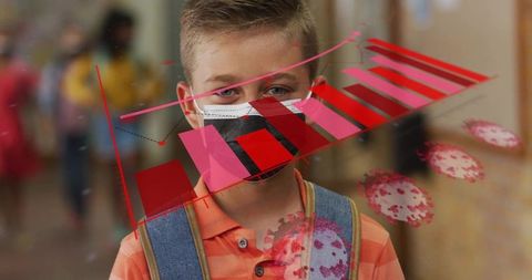Schoolchild wearing mask and backpack in corridor with pandemic trend graph overlay