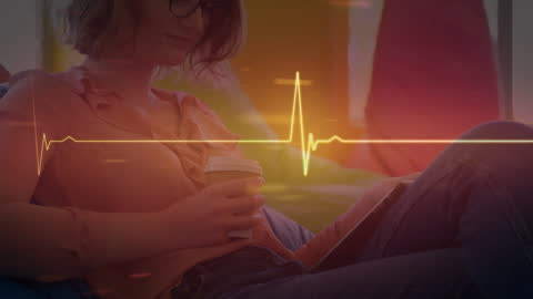 Digital Lifeline Animation Over Woman with Tablet and Coffee