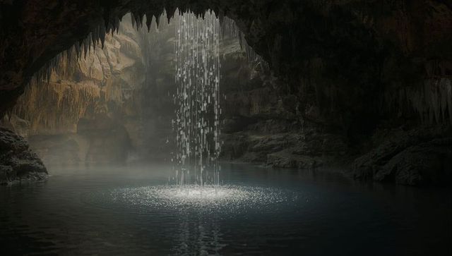 Cavern cenote waterfall cascading through skylight creating circular ripples and mist