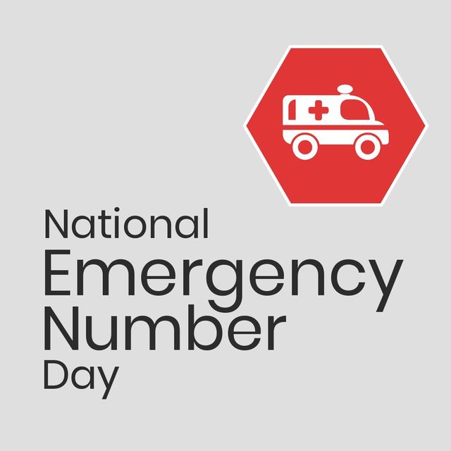 This banner design for National Emergency Number Day features a striking ambulance icon within a red hexagon, using crisp colors on a minimalist grey background. Perfect for raising awareness about emergency services and public safety, this graphic can be used in social media campaigns, educational materials, or community safety programs.