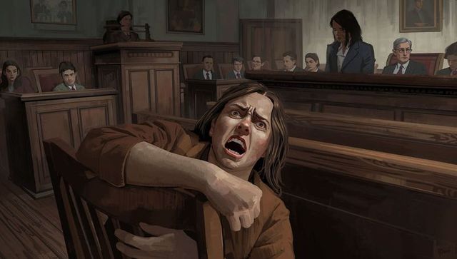 Courtroom outburst: shouting distraught man gripping wooden chair during tense trial