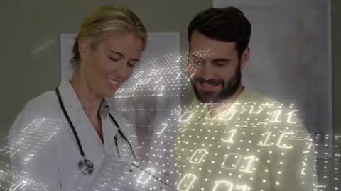 Doctor Explaining Health Metrics to Patient with Digital Data Overlay