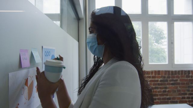 A businesswoman is seen writing notes on a whiteboard while holding a coffee cup in a modern office environment. She is wearing a mask, emphasizing health and hygiene measures. This video can be used to depict workplace planning, organizational strategies, or the implementation of safety protocols during the COVID-19 pandemic. Ideal for articles, office safety guides, or promotional materials for health-conscious workplaces.