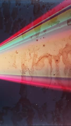 Vertical neon wedge shifting with multicolor bands and textured droplets, vertical video art