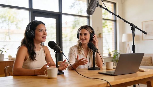 Two women recording podcast in cozy home studio with microphones, laptop and casual chat